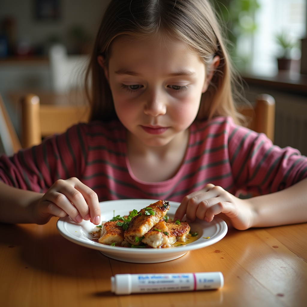 Child eating seafood with epipen ready